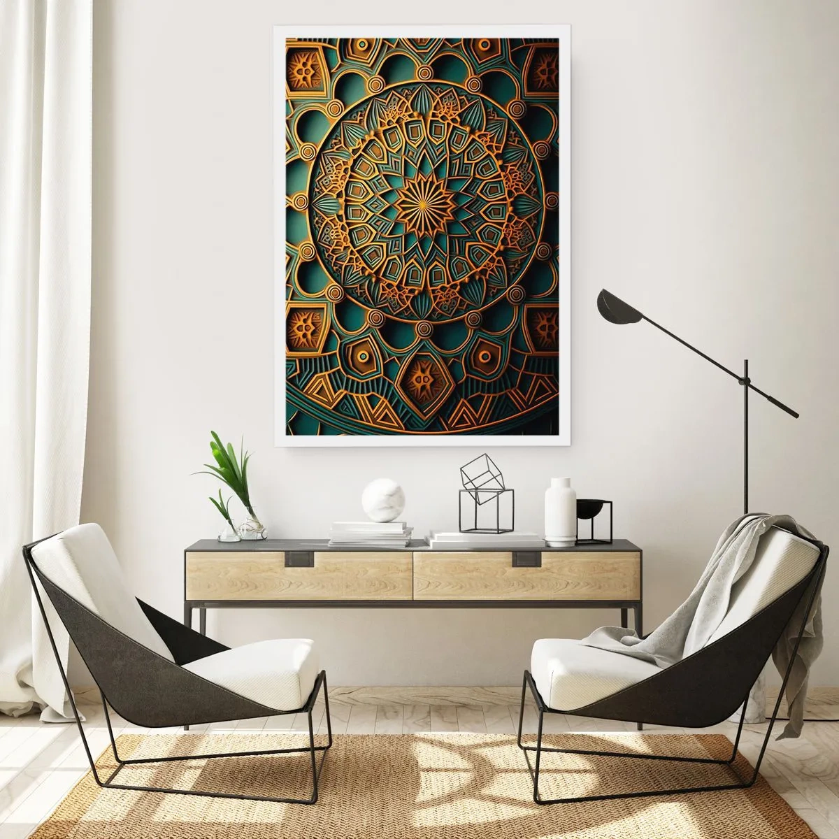 Póster - Mandala dorado sobre fondo oscuro - 50x70cm - En un clima árabe - Decoración de pared moderna para salón y dormitorio ARTTOR