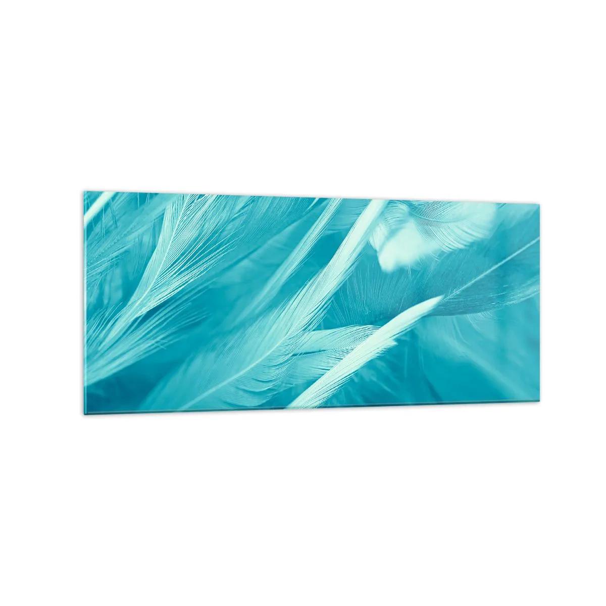 Cuadro sobre vidrio - Impresiones sobre Vidrio - Delicadas plumas turquesas en primer plano - 120x50cm - Un manto real  - Decoración de pared moderna para salón y dormitorio ARTTOR