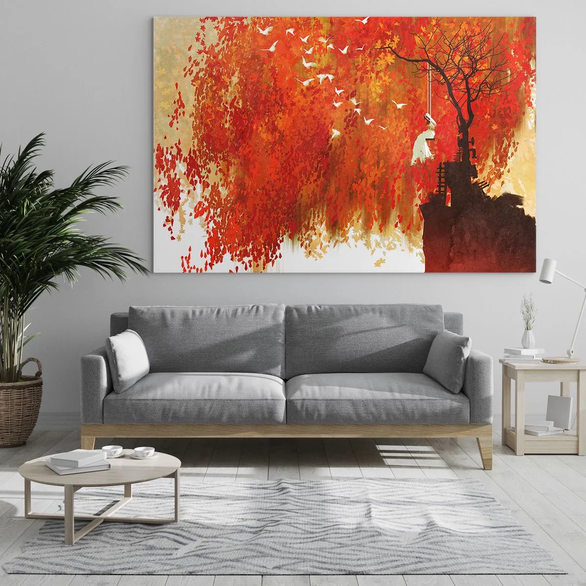 Cuadro sobre vidrio - Impresiones sobre Vidrio - Hojas rojas, un árbol solitario y pájaros en una escena otoñal. - 70x50cm - ¿Volará con ellos? - Decoración de pared moderna para salón y dormitorio ARTTOR