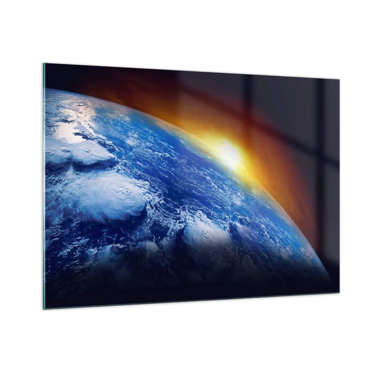 Cuadro sobre vidrio - Impresiones sobre Vidrio - La Tierra en el espacio iluminada por los rayos del sol. - 100x70cm - Amanecer en un planeta azul - Decoración de pared moderna para salón y dormitorio ARTTOR