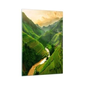 Cuadro sobre vidrio - Impresiones sobre Vidrio - Pintorescas terrazas de arroz en un valle verde iluminado por el sol poniente - 80x120cm - Valle vietnamita - Decoración de pared moderna para salón y dormitorio ARTTOR