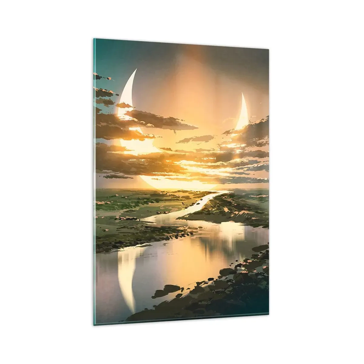 Cuadro sobre vidrio - Impresiones sobre Vidrio - Un paisaje fantástico con dos lunas en el horizonte. - 80x120cm - En algún lugar de una galaxia muy, muy lejana - Decoración de pared moderna para salón y dormitorio ARTTOR