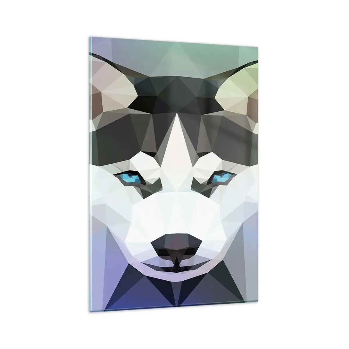 Cuadro sobre vidrio - Impresiones sobre Vidrio - Lobo geométrico con expresivos ojos azules. - 80x120cm - El recuerdo de las nieves del norte - Decoración de pared moderna para salón y dormitorio ARTTOR