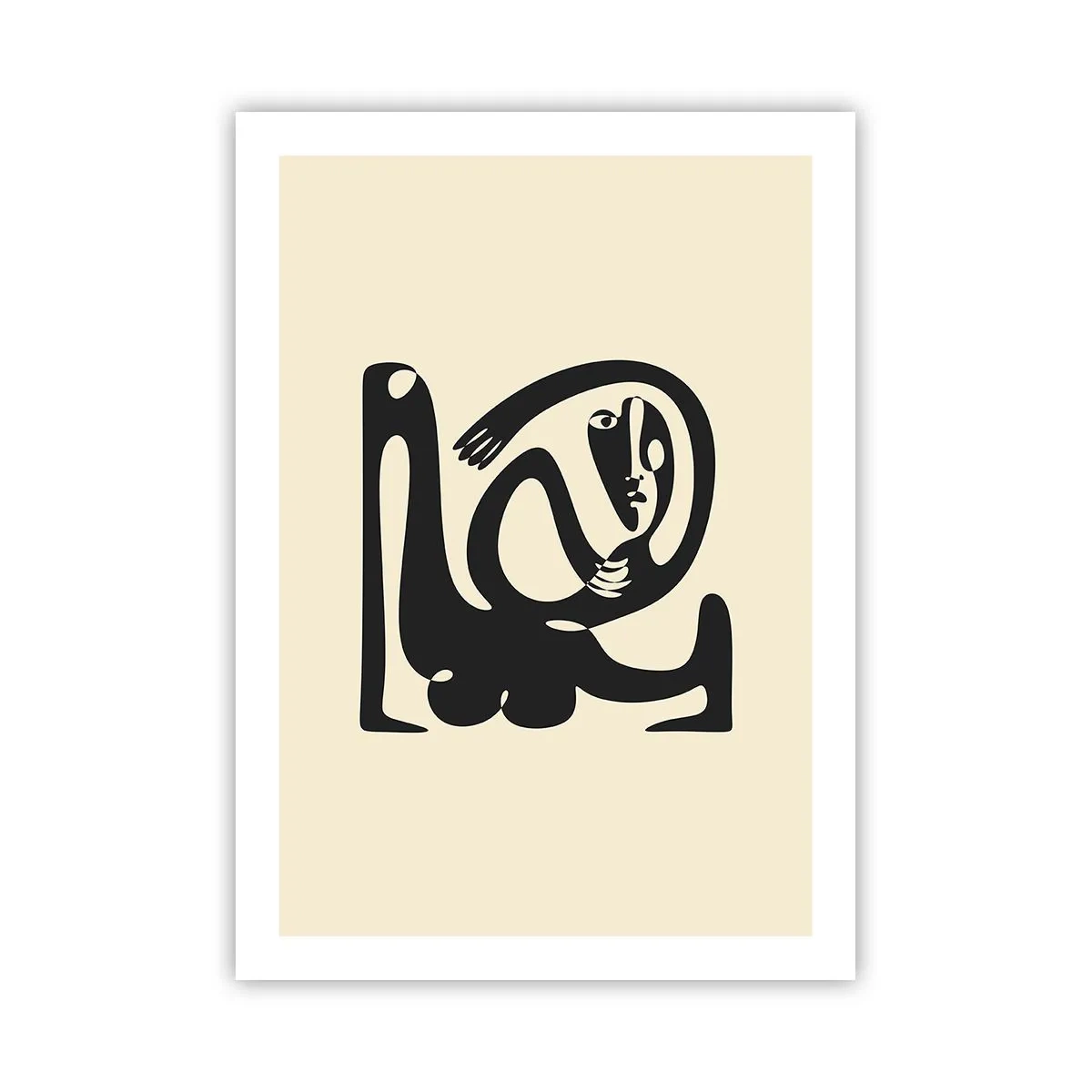 Póster - Figura abstracta sobre fondo beige con líneas negras. - 50x70cm - Casi Picasso - Decoración de pared moderna para salón y dormitorio ARTTOR