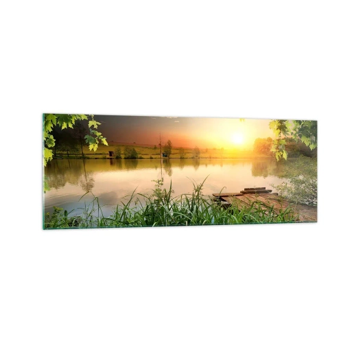Cuadro sobre vidrio - Impresiones sobre Vidrio - Paisaje verde con un lago al atardecer - 140x50cm - Paisaje en un marco verde - Decoración de pared moderna para salón y dormitorio ARTTOR