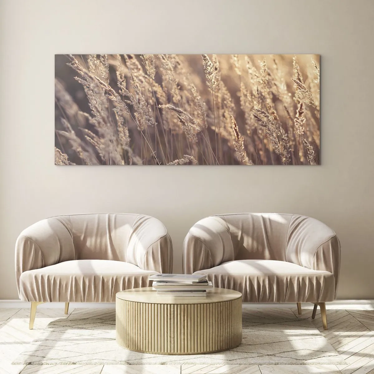 Cuadro sobre vidrio - Impresiones sobre Vidrio - Hierbas doradas con el sol poniente como telón de fondo - 160x50cm - Listos para dar la bienvenida al otoño - Decoración de pared moderna para salón y dormitorio ARTTOR