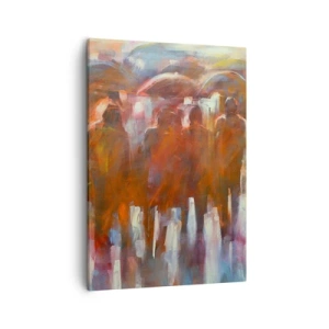Cuadro sobre lienzo - Impresión de Imagen - Una multitud de personas con paraguas en un entorno artístico y lluvioso. - 50x70cm - Iguales entre la niebla - Decoración de pared moderna para salón y dormitorio ARTTOR