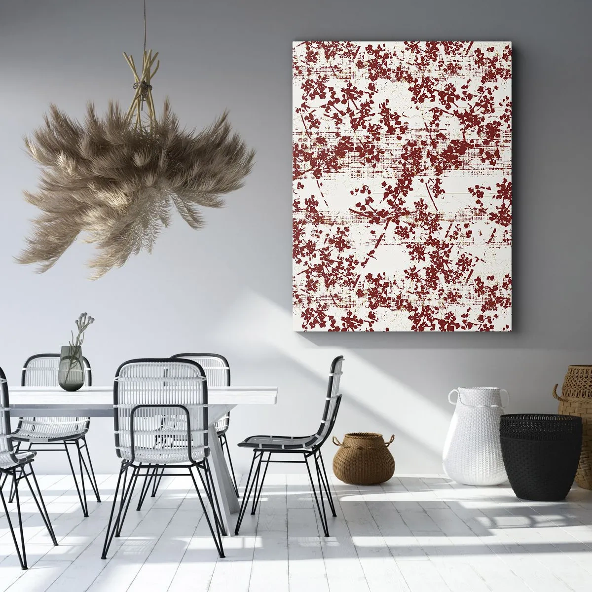 Cuadro sobre lienzo - Impresión de Imagen - Flores rojas sobre un fondo blanco en un estilo artístico. - 50x70cm - Como un viejo percal - Decoración de pared moderna para salón y dormitorio ARTTOR