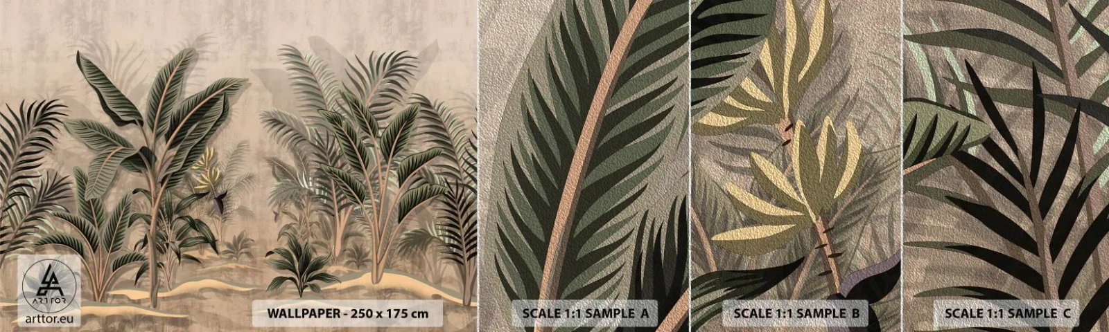 Muestra de fotomural Premium Sand - Grabados de estilo colonial - Bosque tropical, Palmera de cocos, Banano - 100x30 cm