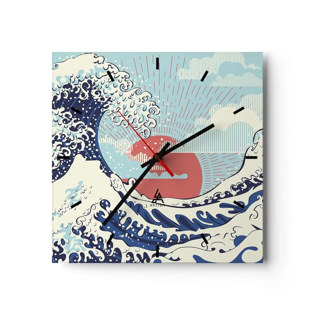 Reloj de pared - Reloj de vidrio - Olas del océano y una puesta de sol al estilo japonés - 30x30cm - De inspiración japonesa - Decoración de pared moderna para salón y dormitorio ARTTOR