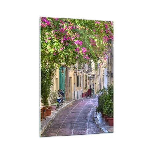 Cuadro sobre vidrio - Impresiones sobre Vidrio - Una calle encantadora con vides en flor y mesas de café. - 70x100cm - Un callejón floreciente - Decoración de pared moderna para salón y dormitorio ARTTOR