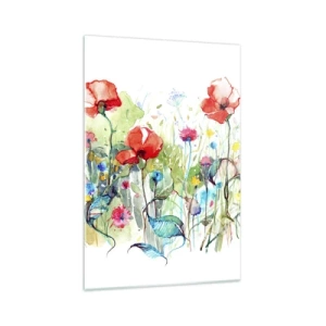 Cuadro sobre vidrio - Impresiones sobre Vidrio - Un prado con amapolas rojas y flores de colores en acuarela. - 70x100cm - Un prado en flor en mayo - Decoración de pared moderna para salón y dormitorio ARTTOR