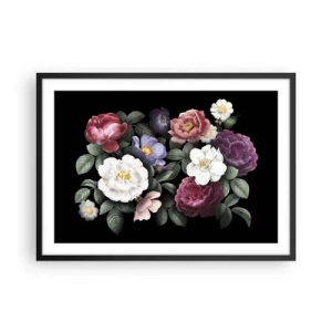 Póster en marco negro - Flores en varios colores sobre fondo negro. - 70x50cm - De un jardín inglés - Decoración de pared moderna para salón y dormitorio ARTTOR