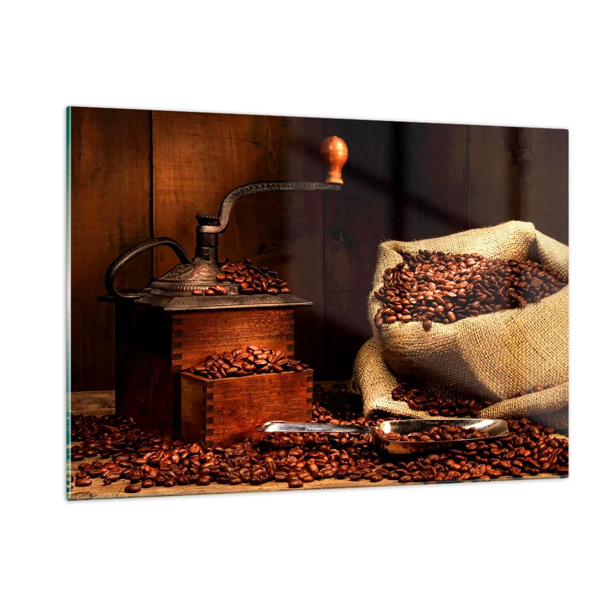 Cuadro sobre vidrio - Impresiones sobre Vidrio - Un viejo molinillo de café con granos y una bolsa de café. - 120x80cm - Bodegón con granos de café y molinillo - Decoración de pared moderna para salón y dormitorio ARTTOR