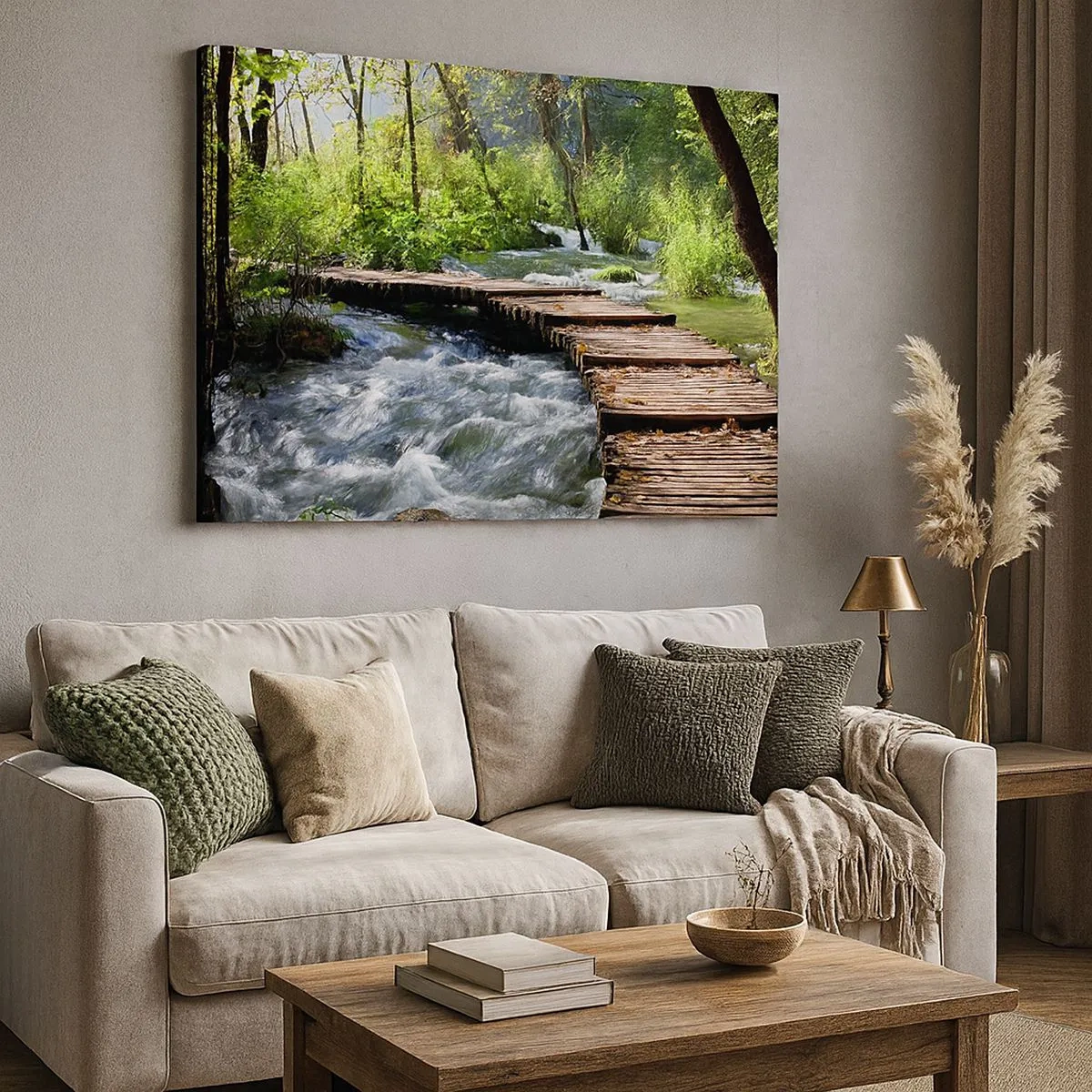 Cuadro sobre lienzo - Impresión de Imagen - Un puente de madera sobre un arroyo caudaloso rodeado por el verdor del bosque. - 70x50cm - Sobre una cascada de espuma - Decoración de pared moderna para salón y dormitorio ARTTOR