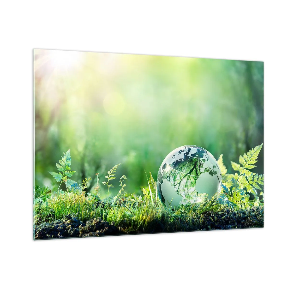 Cuadro sobre vidrio - Impresiones sobre Vidrio - Una bola de cristal con un mapa del mundo sobre un fondo de naturaleza verde. - 100x70cm - Planeta verde - Decoración de pared moderna para salón y dormitorio ARTTOR