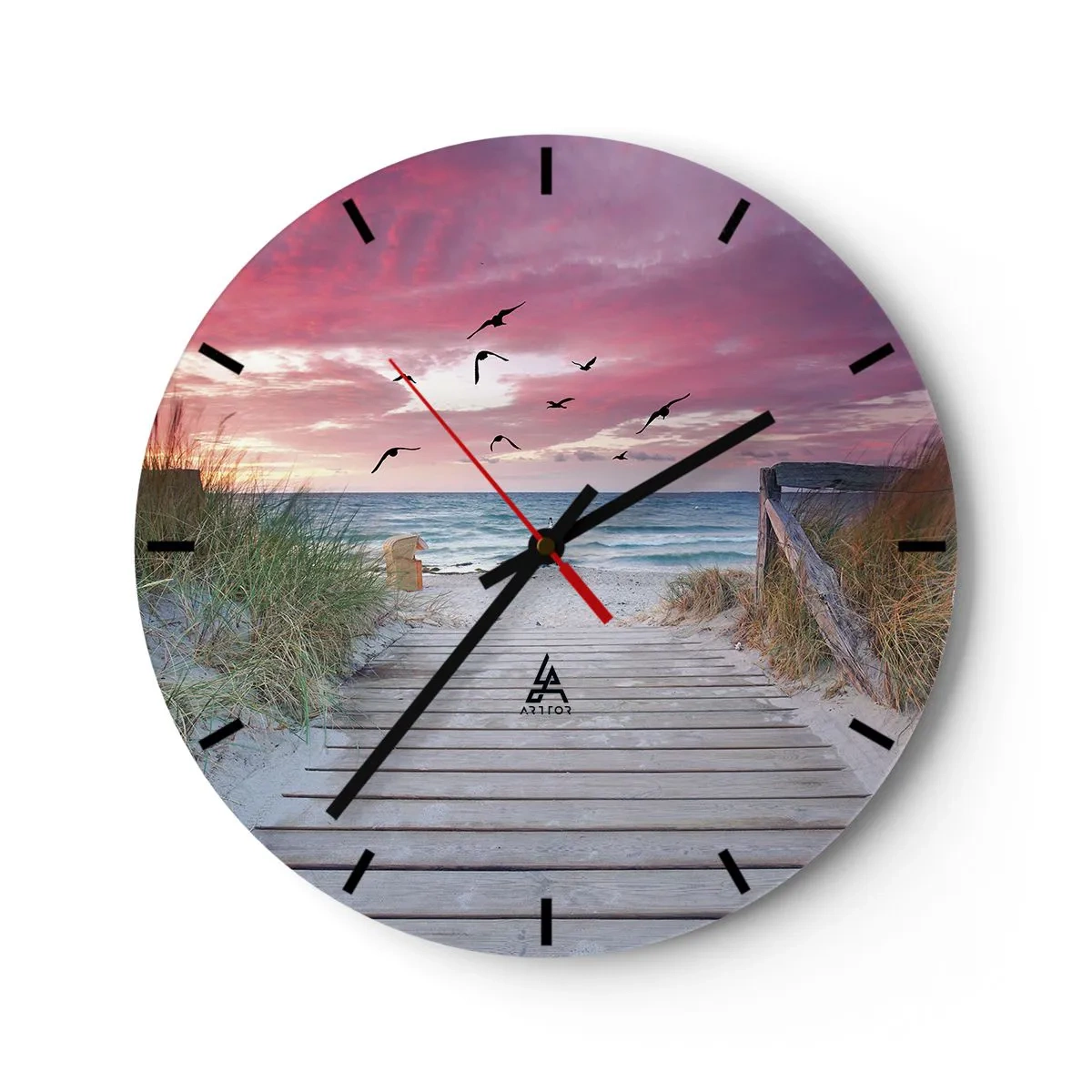 Reloj de pared - Reloj de vidrio - Muelle de madera que conduce a la playa al atardecer - 30x30cm - Impresión del Báltico - Decoración de pared moderna para salón, cocina y dormitorio ARTTOR