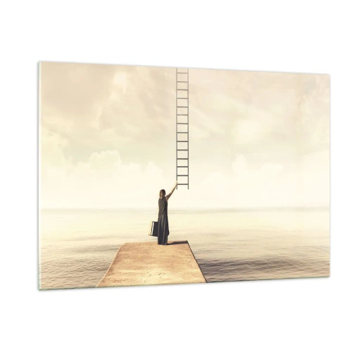 Cuadro sobre vidrio - Impresiones sobre Vidrio - Mujer en un muelle con una escalera que conduce al cielo. - 120x80cm - Un viaje mágico - Decoración de pared moderna para salón y dormitorio ARTTOR