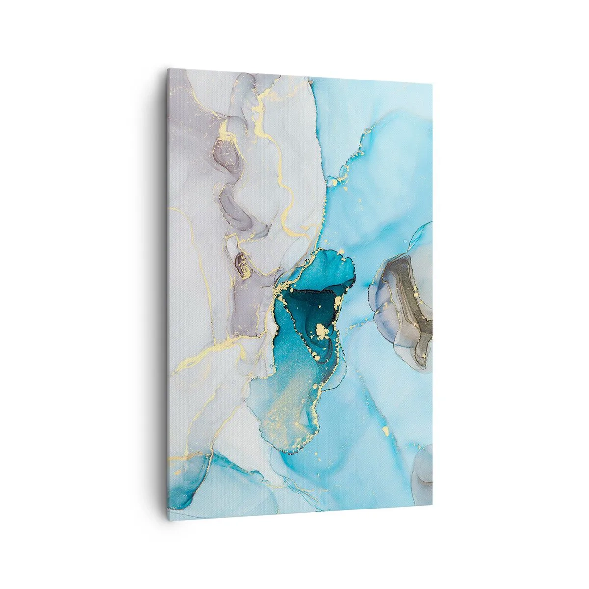 Cuadro sobre lienzo - Impresión de Imagen - Abstracción en tonos azules y dorados con líneas sutiles. - 80x120cm - Un estudio del encuentro entre el gris y el turquesa - Decoración de pared moderna para salón y dormitorio ARTTOR