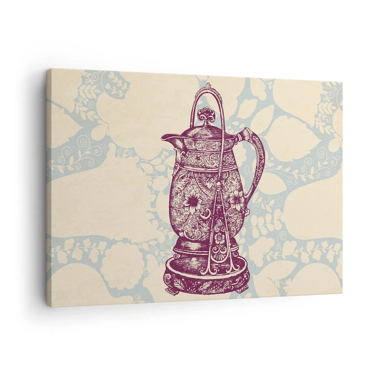 Cuadro sobre lienzo - Impresión de Imagen - Jarra estilizada con adornos sobre fondo floral. - 70x50cm - La belleza de lo cotidiano - Decoración de pared moderna para salón y dormitorio ARTTOR