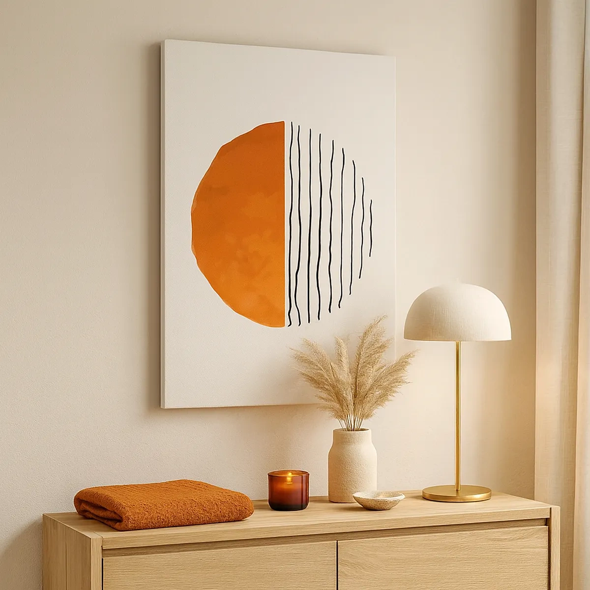 Cuadro sobre lienzo - Impresión de Imagen - Una puesta de sol minimalista sobre líneas onduladas - 50x70cm - En un ambiente japonés - Decoración de pared moderna para salón y dormitorio ARTTOR
