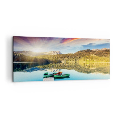 Cuadro sobre lienzo - Impresión de Imagen - Puesta de sol sobre el lago con barcos en el muelle - 120x50cm - Sobre el agua tan suave como un espejo - Decoración de pared moderna para salón y dormitorio ARTTOR