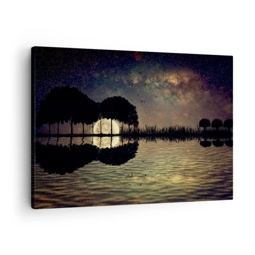 Cuadro sobre lienzo - Impresión de Imagen - Una noche mágica con árboles y la luna reflejada en el agua. - 70x50cm - Noche en el fin del mundo - Decoración de pared moderna para salón y dormitorio ARTTOR