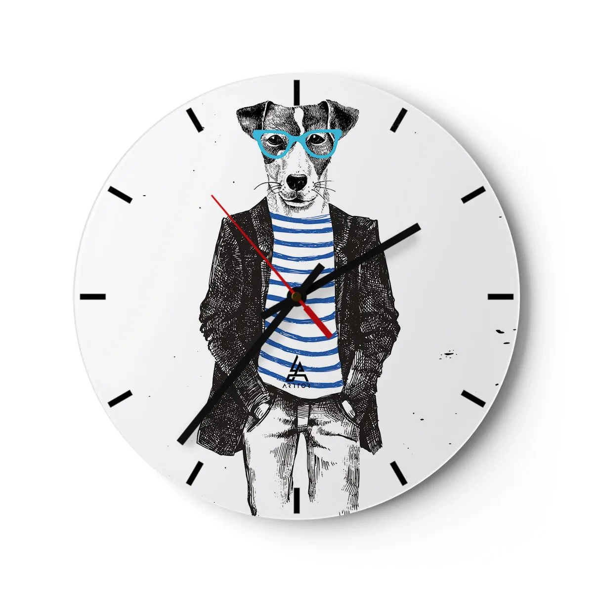 Reloj de pared - Reloj de vidrio - Un perro con gafas y camisa de marinero. - 30x30cm - El encanto del perro - Decoración de pared moderna para salón, cocina y dormitorio ARTTOR