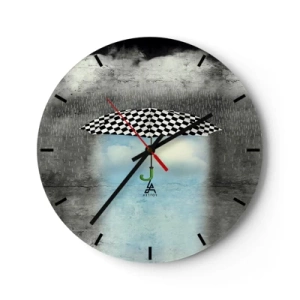 Reloj de pared - Reloj de vidrio - Un paraguas a cuadros blancos y negros sobre un fondo de nubes de lluvia y un cielo azul. - 30x30cm - Y sin embargo, es posible - Decoración de pared moderna para salón, cocina y dormitorio ARTTOR