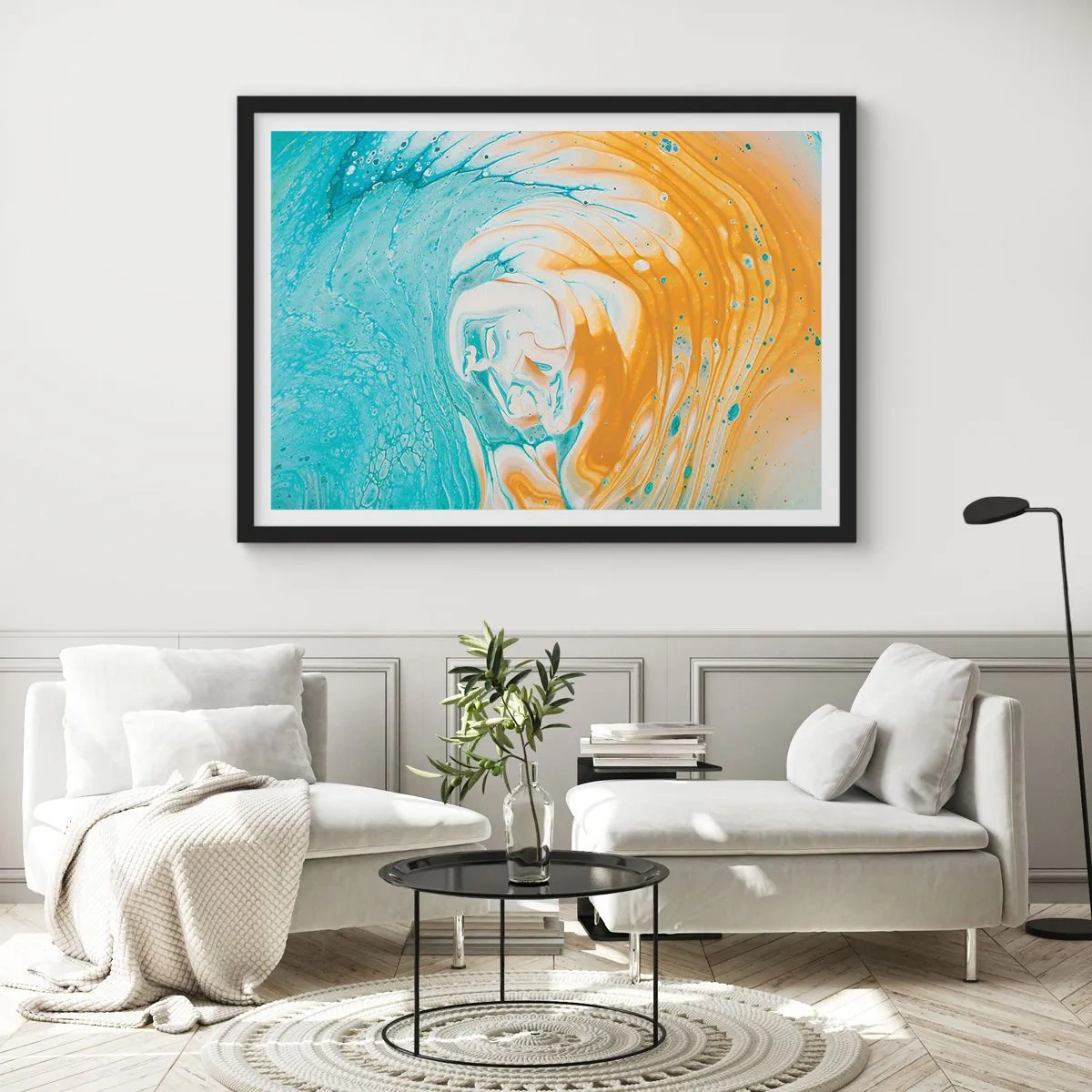 Póster en marco negro - Ondas abstractas en tonos azules y dorados sobre lienzo. - 70x50cm - Remolino pastel - Decoración de pared moderna para salón y dormitorio ARTTOR