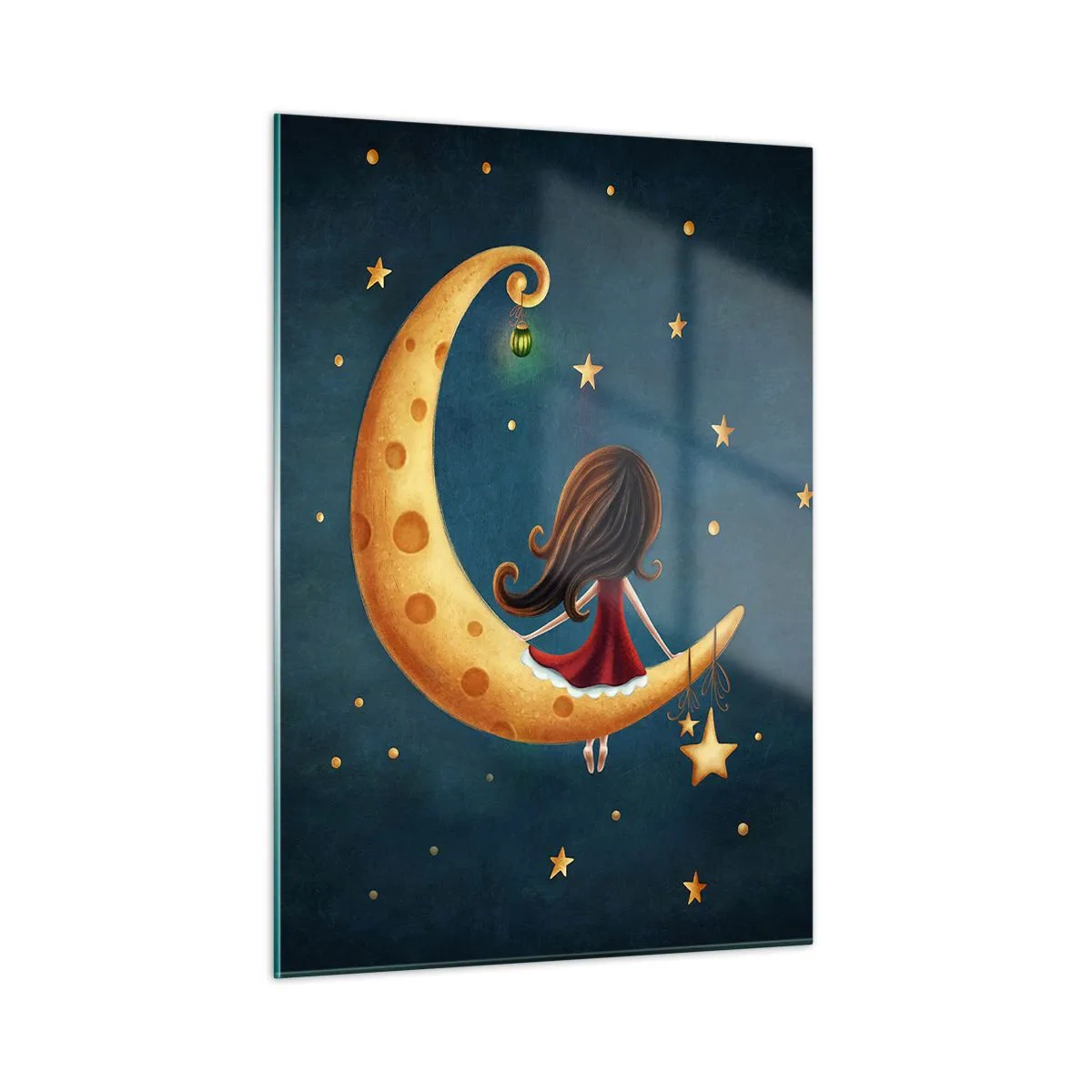 Cuadro sobre vidrio - Impresiones sobre Vidrio - Una niña en la luna entre las estrellas sobre un fondo azul marino. - 50x70cm - Érase una vez... - Decoración de pared moderna para salón y dormitorio ARTTOR