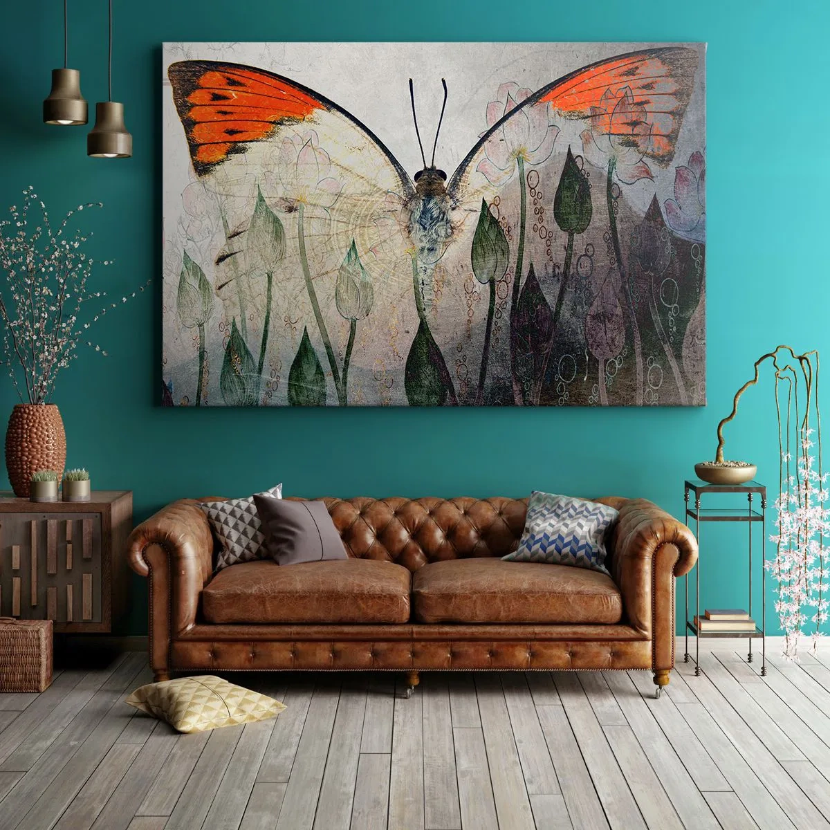 Cuadro sobre lienzo - Impresión de Imagen - Una mariposa con alas naranjas sobre un fondo de flores estilizadas. - 70x50cm - Donde la mariposa se mece en la hierba - Decoración de pared moderna para salón y dormitorio ARTTOR