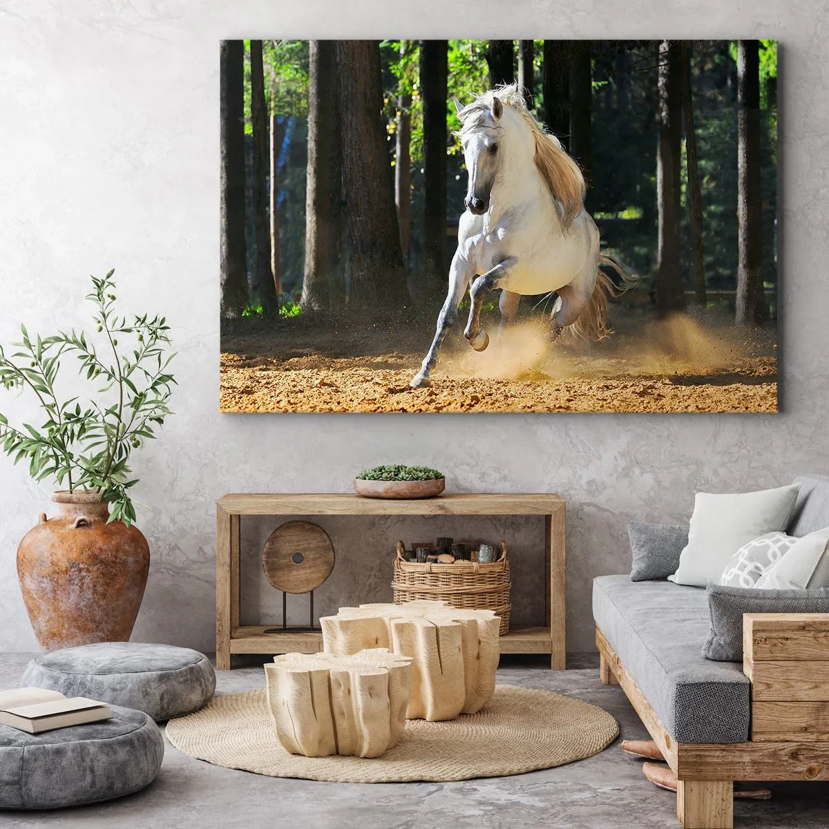 Cuadro sobre lienzo - Impresión de Imagen - Un caballo blanco galopando a través de un claro del bosque. - 120x80cm - Como en una novela de fantasía - Decoración de pared moderna para salón y dormitorio ARTTOR