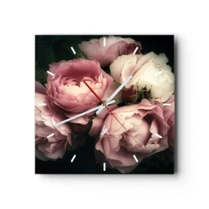 Reloj de pared - Reloj de vidrio - Un ramo de rosas en delicados tonos rosa y blanco. - 30x30cm - El encanto de la belle époque - Decoración de pared moderna para salón y dormitorio ARTTOR