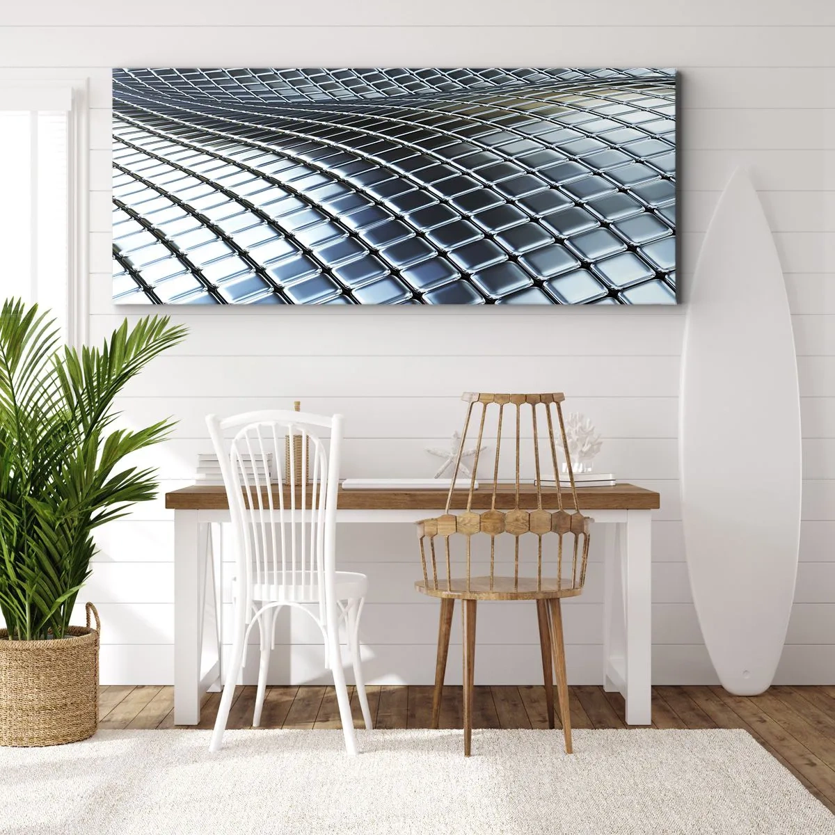 Cuadro sobre lienzo - Impresión de Imagen - Estructura moderna de cuadrados metálicos. - 140x50cm - Ola de plata - Decoración de pared moderna para salón y dormitorio ARTTOR