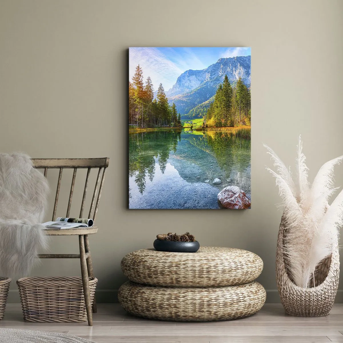Cuadro sobre lienzo - Impresión de Imagen - Un pintoresco lago rodeado de montañas y bosques. - 70x100cm - La dulzura del otoño - Decoración de pared moderna para salón y dormitorio ARTTOR