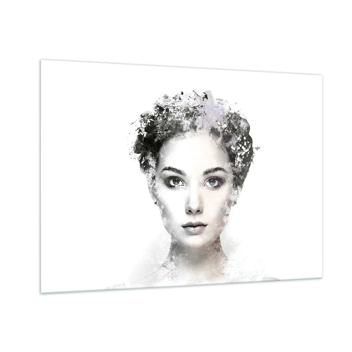 Cuadro sobre vidrio - Impresiones sobre Vidrio - Rostro de mujer en estilo acuarela sobre fondo blanco. - 100x70cm - Un retrato extremadamente elegante - Decoración de pared moderna para salón y dormitorio ARTTOR