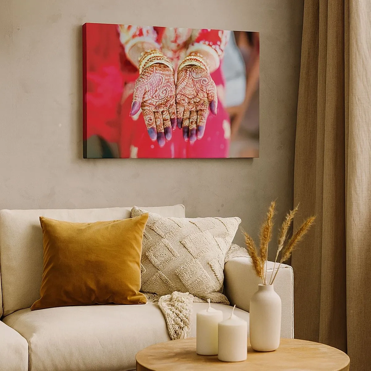 Cuadro sobre lienzo - Impresión de Imagen - Manos decoradas con henna sobre el fondo de un vestido rojo. - 70x50cm - Ritual con las manos - Decoración de pared moderna para salón y dormitorio ARTTOR