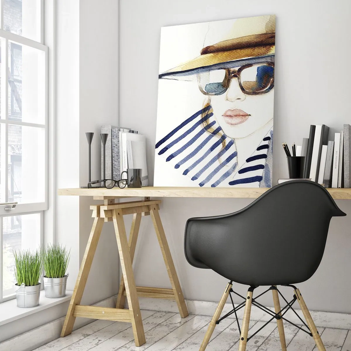 Cuadro sobre vidrio - Impresiones sobre Vidrio - Mujer elegante con sombrero y gafas en estilo acuarela. - 50x70cm - ¡Florida le da la bienvenida! - Decoración de pared moderna para salón y dormitorio ARTTOR