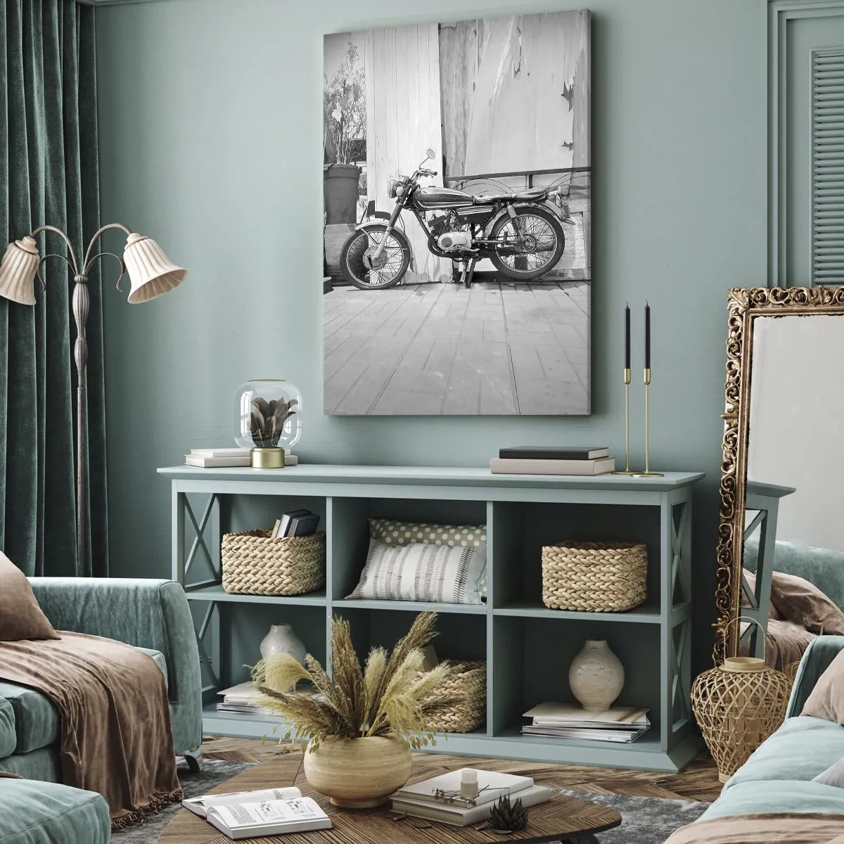 Cuadro sobre lienzo - Impresión de Imagen - Fotografía en blanco y negro de una motocicleta clásica. - 50x70cm - Los clásicos por encima de todo - Decoración de pared moderna para salón y dormitorio ARTTOR