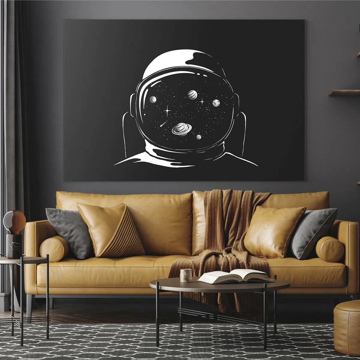 Cuadro sobre vidrio - Impresiones sobre Vidrio - Astronauta con estrellas y planetas en su casco sobre un fondo negro. - 120x80cm - Bonita vista - Decoración de pared moderna para salón y dormitorio ARTTOR