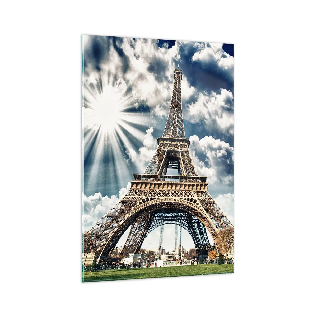 Cuadro sobre vidrio - Impresiones sobre Vidrio - La Torre Eiffel contra un cielo soleado con nubes. - 70x100cm - Única bajo el sol - Decoración de pared moderna para salón y dormitorio ARTTOR