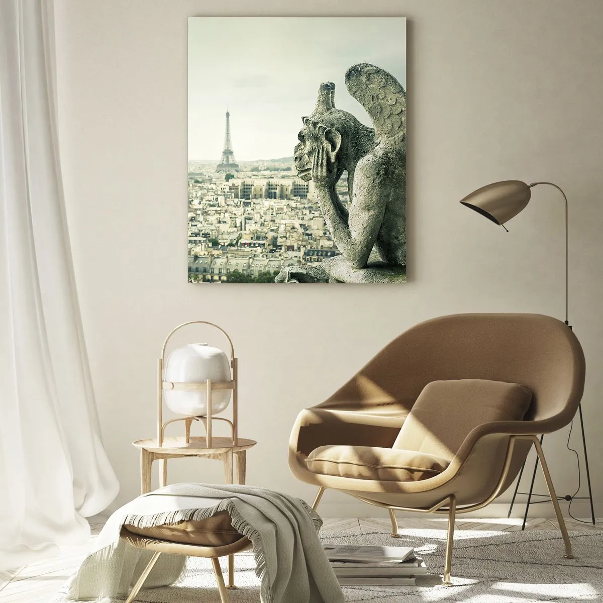 Cuadro sobre vidrio - Impresiones sobre Vidrio - Gárgolas sobre París con vistas a la Torre Eiffel - 50x70cm - Charlas parisinas - Decoración de pared moderna para salón y dormitorio ARTTOR