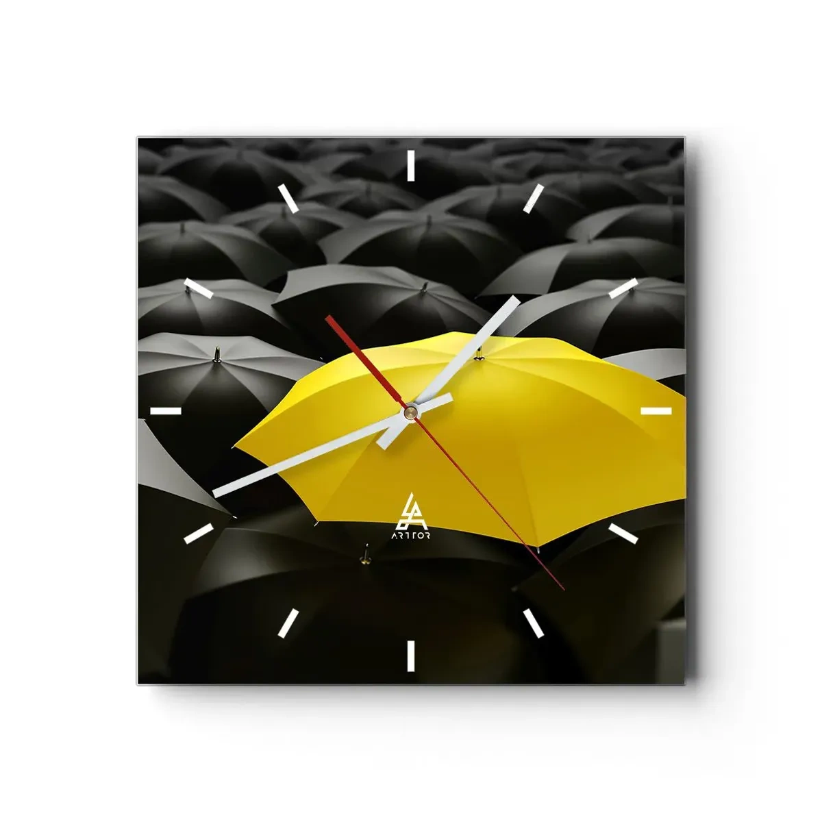 Reloj de pared - Reloj de vidrio - Un paraguas amarillo entre paraguas negros. - 30x30cm - Adiós a la tristeza - Decoración de pared moderna para salón y dormitorio ARTTOR