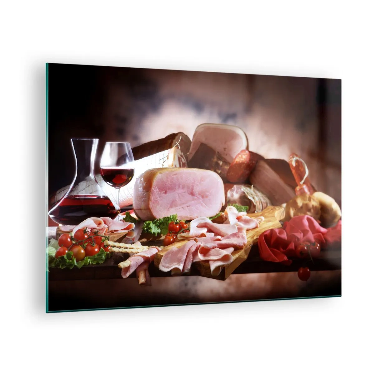 Cuadro sobre vidrio - Impresiones sobre Vidrio - Mesa de cocina con embutidos, vino y verduras frescas. - 70x50cm - Un sueño culinario - Decoración de pared moderna para salón y dormitorio ARTTOR
