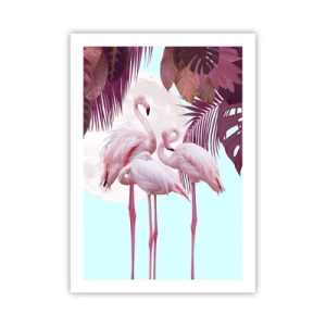 Póster - Flamencos sobre un fondo de follaje tropical y una luna llena. - 50x70cm - La grandeza de las aves - Decoración de pared moderna para salón y dormitorio ARTTOR
