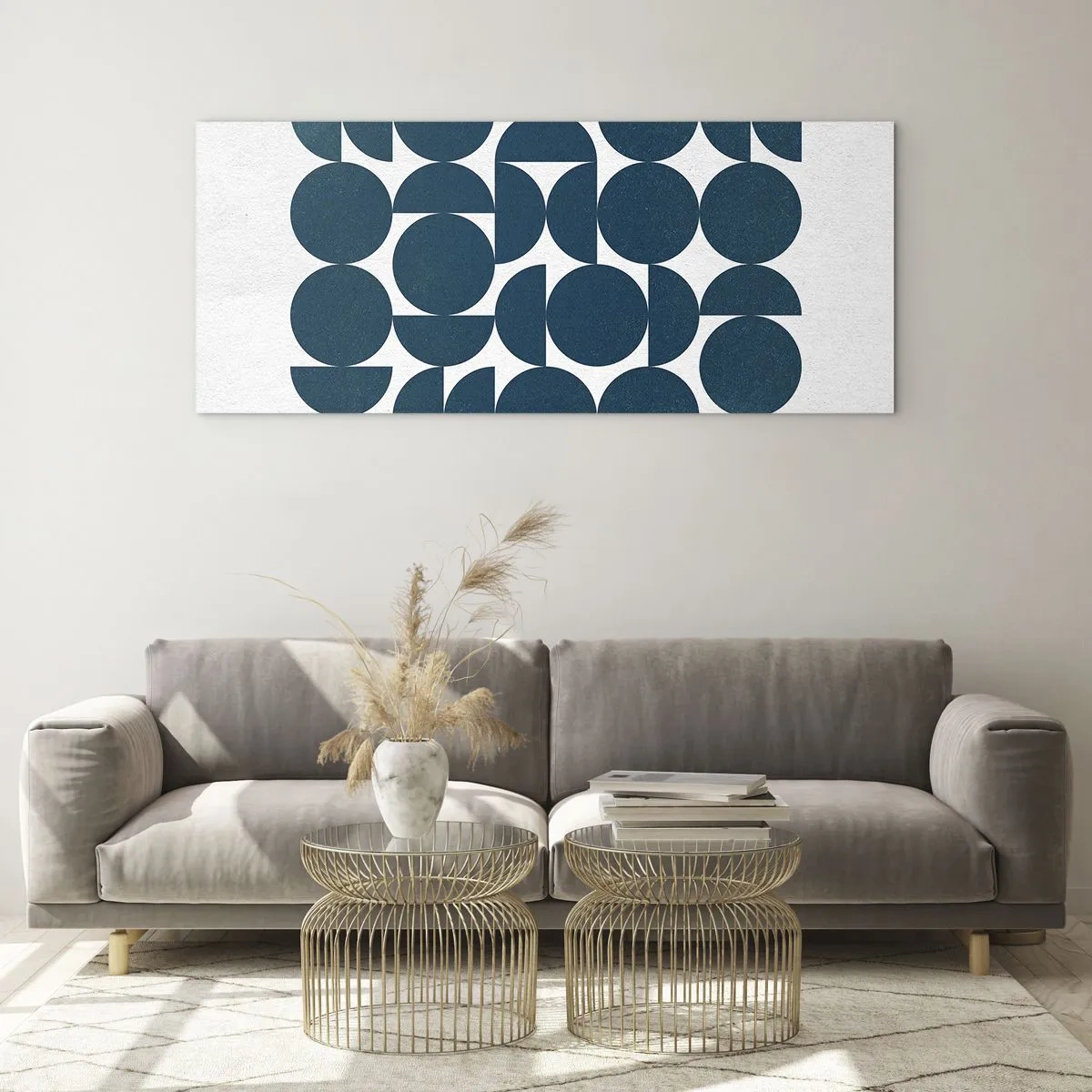 Cuadro sobre vidrio - Impresiones sobre Vidrio - Formas geométricas en tonos azul marino sobre fondo blanco. - 160x50cm - Círculos y semicírculos - Decoración de pared moderna para salón y dormitorio ARTTOR