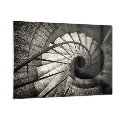 Cuadro sobre vidrio - Impresiones sobre Vidrio - Una escalera de caracol en blanco y negro vista desde una vista de pájaro - 120x80cm - Escaleras arriba, escaleras abajo - Decoración de pared moderna para salón y dormitorio ARTTOR