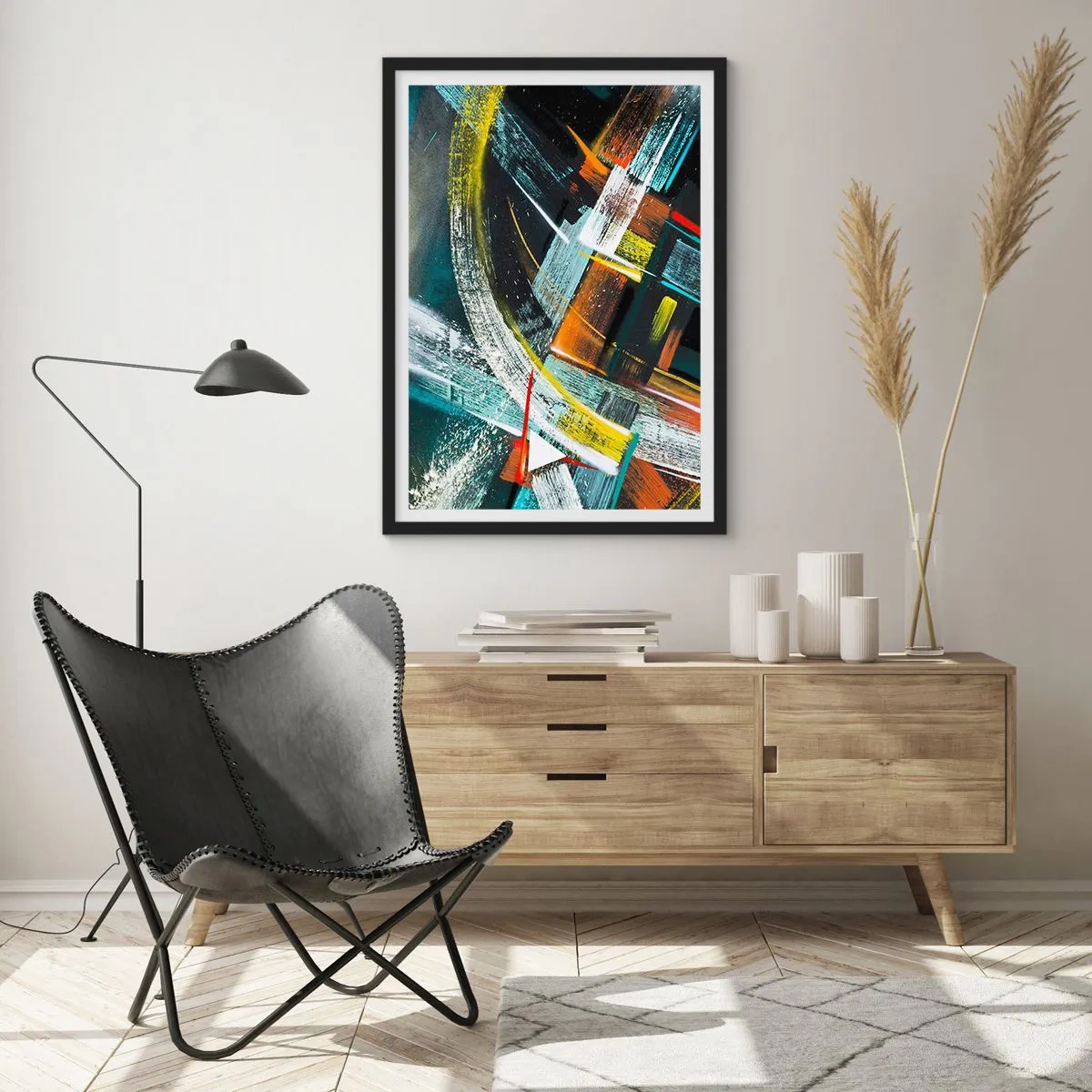 Póster en marco negro - Abstracción en colores intensos con formas geométricas. - 50x70cm - La energía del movimiento - Decoración de pared moderna para salón y dormitorio ARTTOR