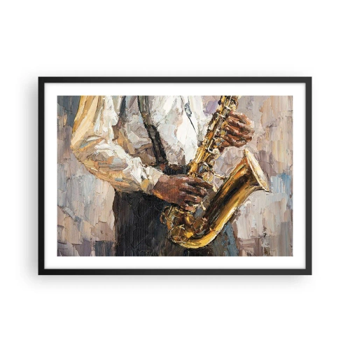 Póster en marco negro - Un músico tocando el saxofón con un estilo artístico. - 70x50cm - Llegó el momento del solo - Decoración de pared moderna para salón y dormitorio ARTTOR